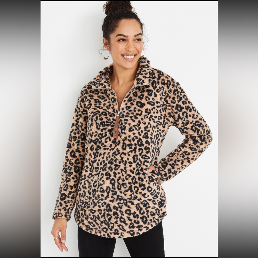 Maurice’s Lodge Leopard Quarter Zip Sherpa Sweatshirt - M